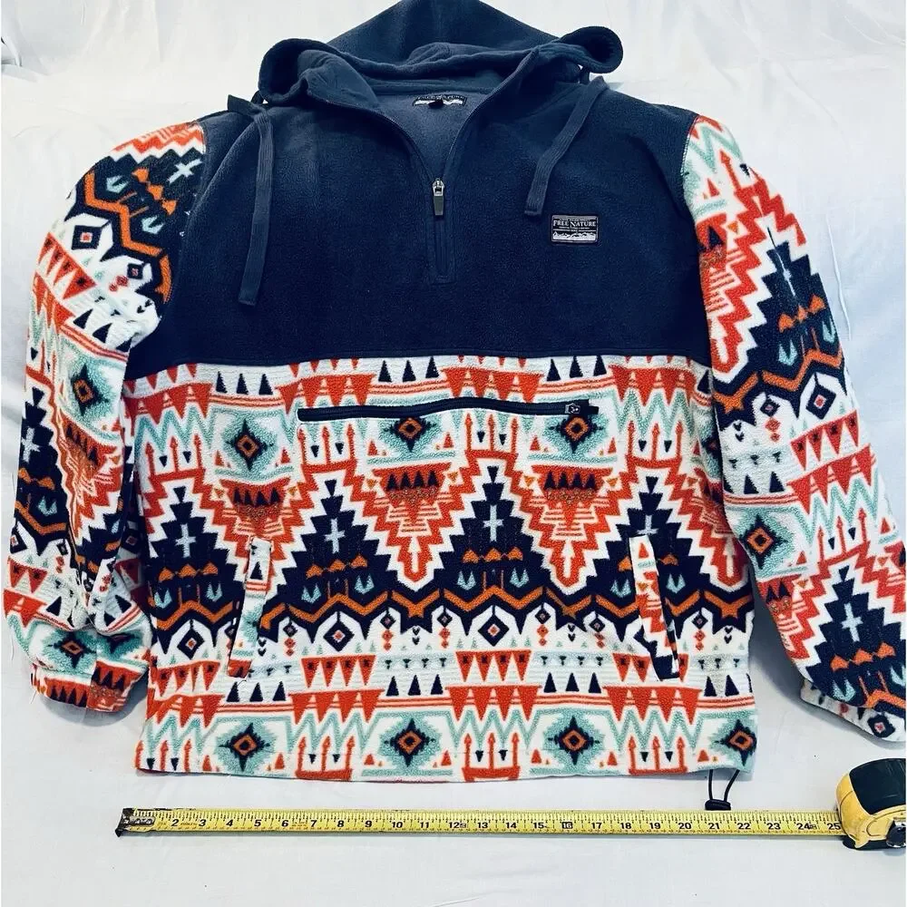 Aztec Tribal Geometric Fleece Quarter Zip Jacket Men’s L Free Nature